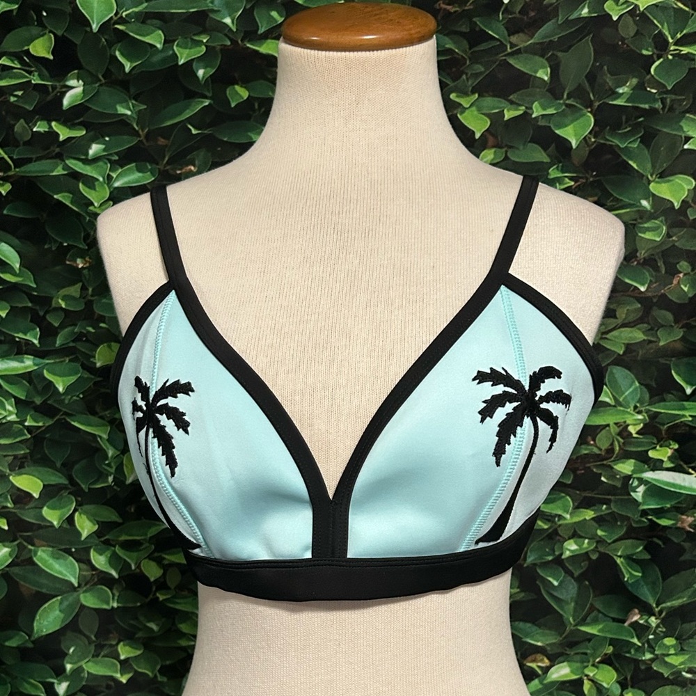 FOREVER 21 Plus Swim Bikini Bra Top Palm Tree Black Teal 0X